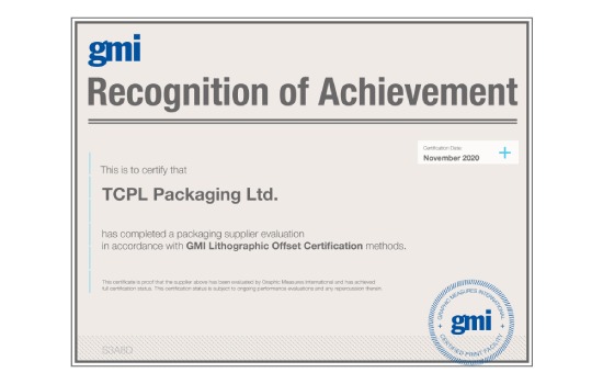 TCPL Goa Factory certified for Graphic Measure International standard